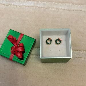 Elegant Green and Red Wreath Earrings, 0.25 inch good for little kid; in box